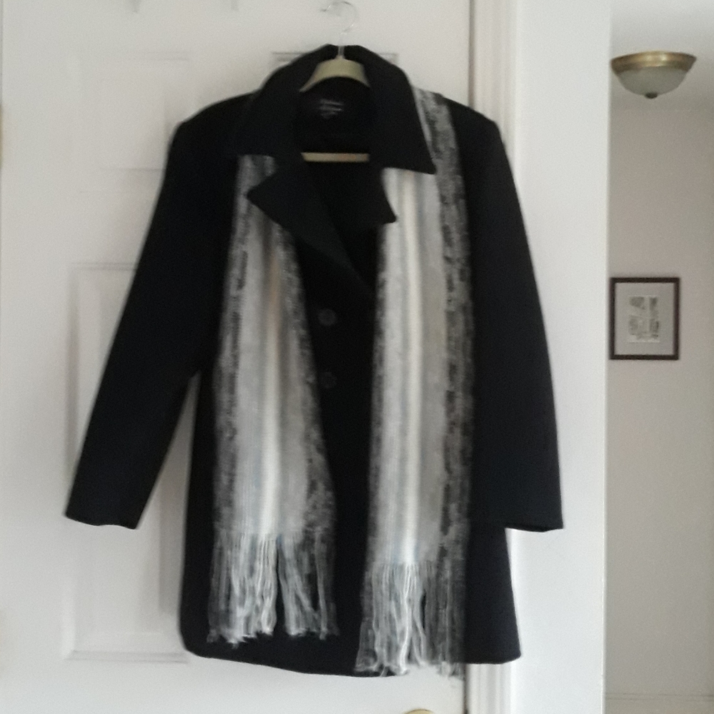 Black Wool Pea Coat w/ Scarf Size Medium/10 Petite
